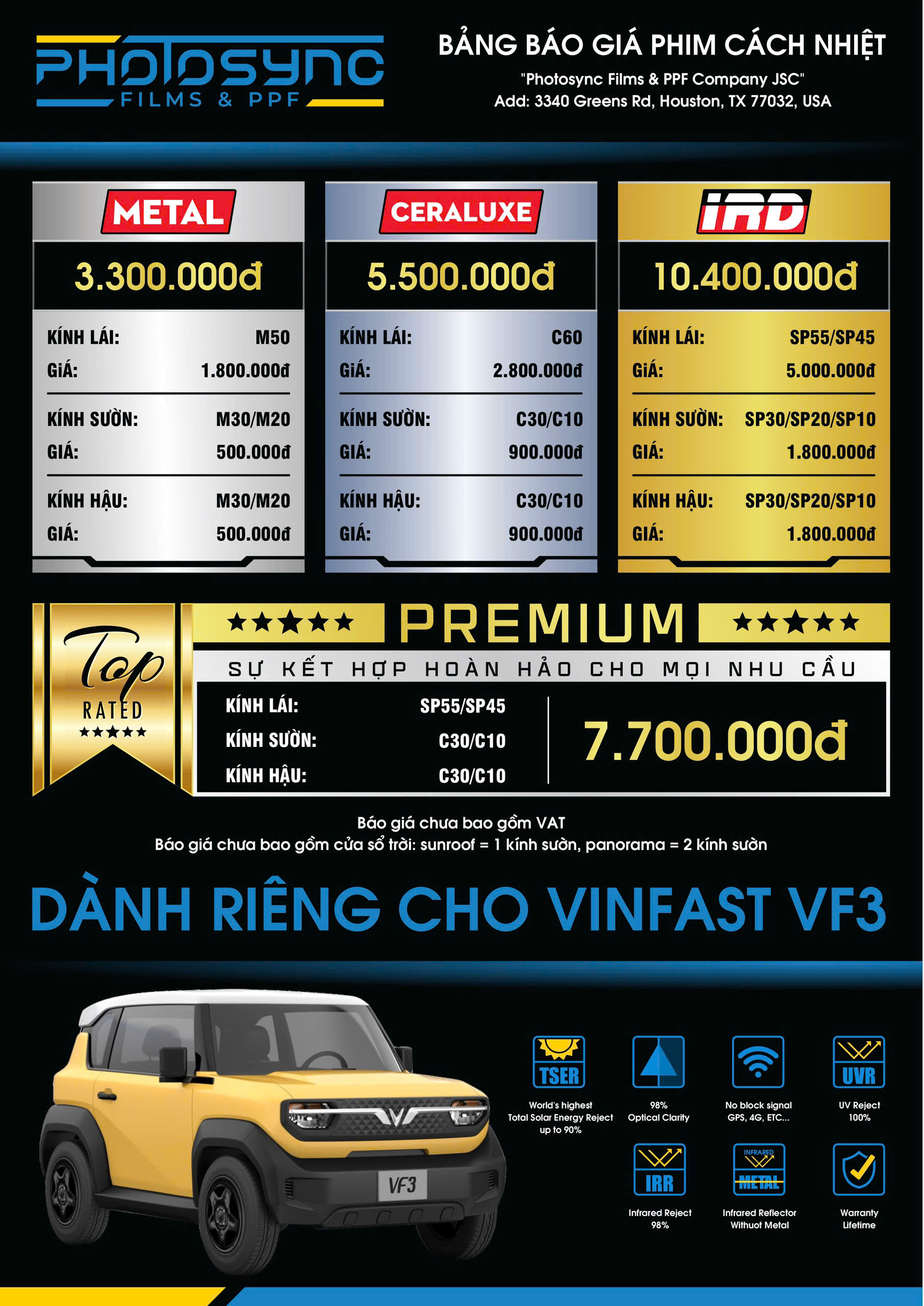 Bảng báo giá phim cách nhiệt Photosync chính hãng dành cho Mini car ( Vinfast VF3, Wuling hongquang,...)